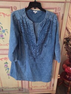 Denim Embroidered Tunic Top - Blue